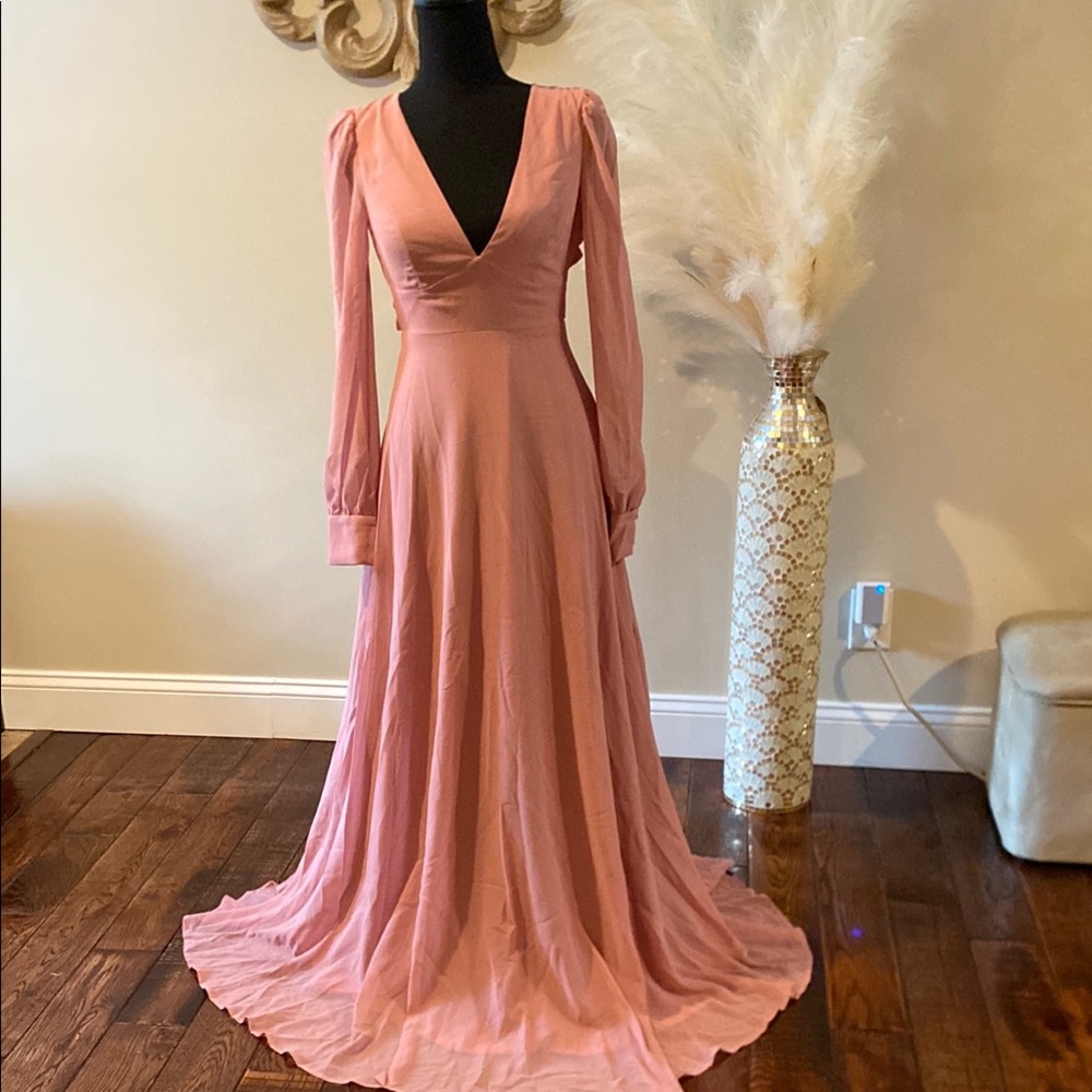 Lulu's Pink Long Sleeve V-Neck Gown